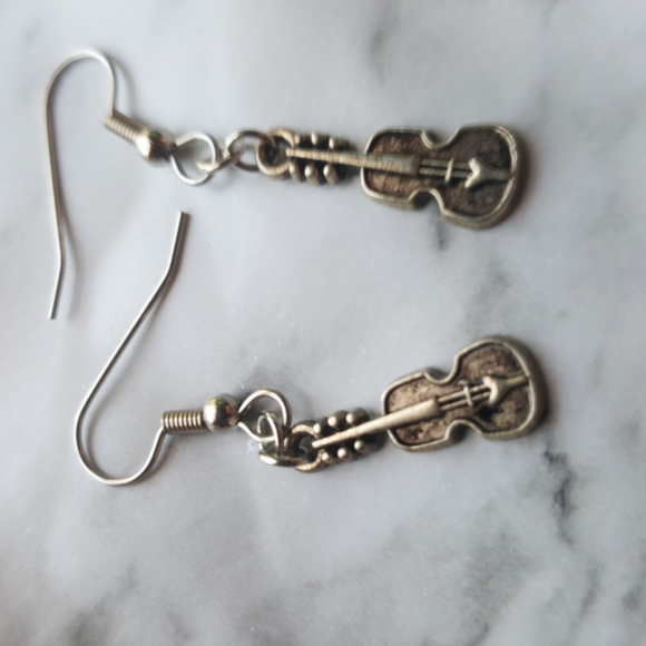 Violin Fiddle Earrings Surgical Steel Silver Tone - Picture 6 of 8